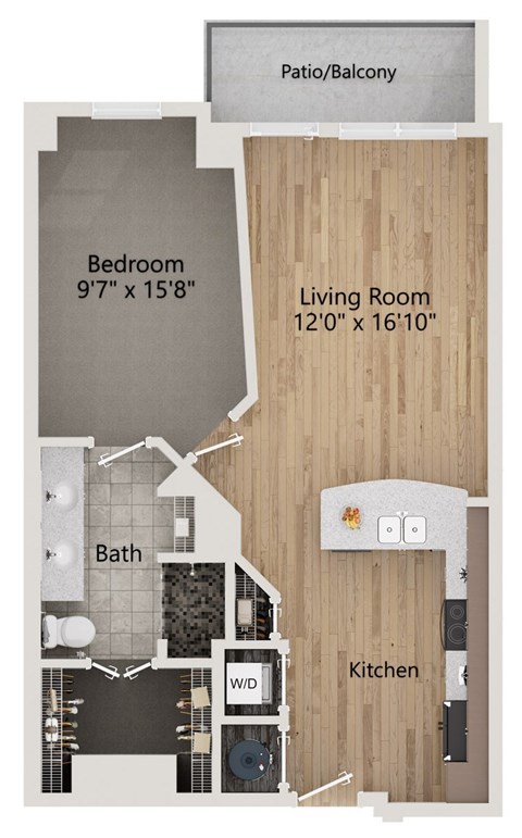 A floor plan of a small apartment with a bedroom, living room, kitchen, bathroom, and a patio/balcony.